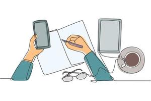 en enda radritning av fingerhand vidrör smartphone -skärmen med glasögon, bok, surfplatta och en kopp kaffe på skrivbordet. arbetare gadget koncept kontinuerlig linje rita design vektor illustration