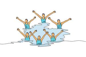 einer Single Linie Zeichnung von jung Schönheit Frauen Schwimmer durchführen synchronisiert Routine von erarbeiten bewegt sich im das Wasser Vektor Illustration. Mannschaft Wasser Sport Veranstaltung Konzept. modern kontinuierlich Linie zeichnen