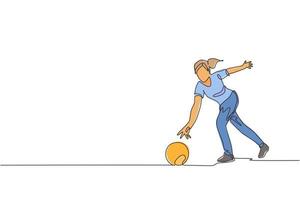 enda kontinuerlig linjeteckning unga glada bowlingspelare kvinna kasta bowlingklot för att träffa stiften. gör sporthobby på fritidskoncept. trendiga en rad rita design grafisk vektorillustration vektor