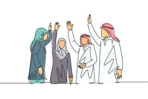 enda kontinuerlig ritning av unga manliga och kvinnliga muslimska chefer som röstar för marknadsföringsstrategi. arabisk Mellanöstern -hijab, kandura, mantel. en linje rita design vektor illustration