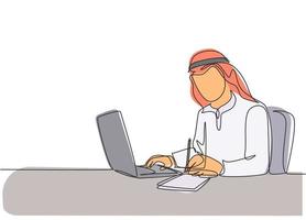 Eine einzige Strichzeichnung eines jungen glücklichen männlichen muslimischen Geschäftsmannes, der einen Geschäftsvertragsentwurf schreibt. saudi-arabien tuch shmag, kopftuch, thobe, ghutra. durchgehende Linie zeichnen Design-Vektor-Illustration vektor