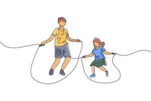 en kontinuerlig ritning av den unga pappan och hans dotter övar på att hoppa med hopprep i parken nära hemmet. lycklig familj föräldraskap koncept. dynamisk enkel linje rita design vektor illustration