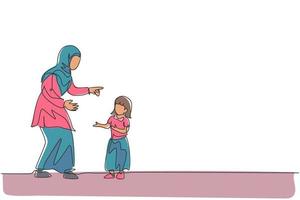 eine durchgehende strichzeichnung junger arabischer mutter spricht und tadelt die haltung ihrer tochter. glückliches islamisches muslimisches liebevolles Elternkonzept. dynamische einzeilige Zeichnungsdesign-Vektorillustration vektor