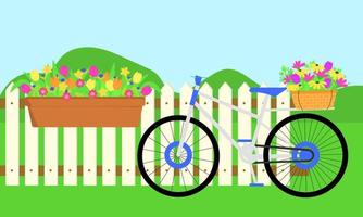 Frühling Landschaft. Zaun mit Blumen Topf und Fahrrad. Vektor Illustration.