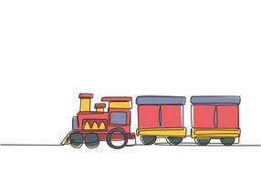 Einzelzeichnung einer Zuglokomotive mit zwei Waggons in Form eines umherziehenden Dampfsystems im Vergnügungspark zum Transport von Passagieren. durchgehende Linie zeichnen Design-Grafik-Vektor-Illustration vektor