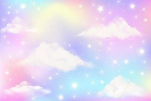 holographischer Fantasy-Regenbogen-Einhorn-Hintergrund mit Wolken. Pastellfarbener Himmel. magische Landschaft, abstraktes fabelhaftes Muster. süße Süßigkeiten Tapete. Vektor. vektor