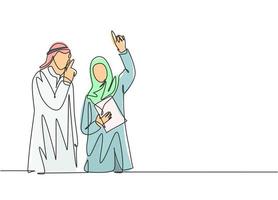 Eine einzige Strichzeichnung eines jungen glücklichen männlichen und weiblichen muslimischen Managers, der das Geschäftsprojekt diskutiert. saudi-arabien tuch shmag, hijab, kopftuch, ghutra. durchgehende Linie zeichnen Design-Vektor-Illustration vektor