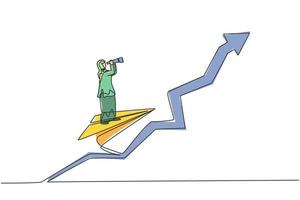 Single One-Line-Zeichnung junge arabische Geschäftsfrau analysieren Gewinnwachstum beim Fliegen mit Papierflugzeug. minimales Geschäftskonzept. durchgehende Linie zeichnen Design-Grafik-Vektor-Illustration vektor