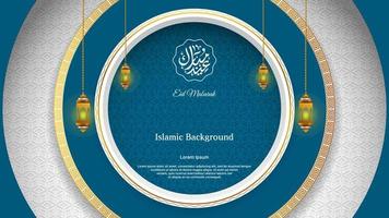 islamic bakgrund design med cirkulär begrepp för eid mubarak och ramadan kareem. islamic vektor design i vit, guld och blå Färg.