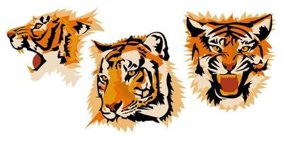 einstellen im anders Winkel von das Tigers Kopf, Vektor Bild isoliert auf ein Weiß Hintergrund. abstrakt Illustration, vereinfacht Flecken im Lagen. geeignet zum Drucken auf Banner und Flyer