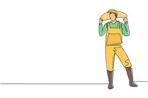 kontinuerlig en linje ritning bonde stod med fira gest, bär halm hatt och gården uniform att plantera grödor på jordbruksmark. framgångsverksamhet. enkel linje rita design vektor grafisk illustration