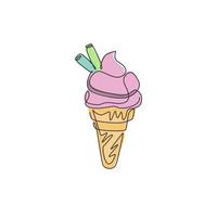 eine durchgehende Strichzeichnung von frischem, köstlichem Eiskegel-Restaurant-Logo-Emblem. Dessert süßes Eis Café Shop Logo Vorlage Konzept. moderne einzeilige zeichnen-design-vektorillustration vektor