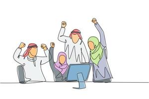 en kontinuerlig linjeteckning av unga manliga och kvinnliga muslimska chefer firar sin målprestation. islamiska kläder shemag, hijab, halsduk, keffiyeh. enkel linje rita design vektor illustration