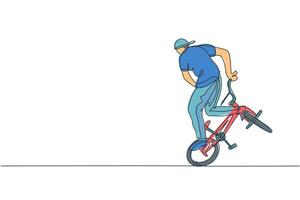 en enda linjeteckning av ung bmx-cyklist som utför freestyletrick på gatuvektorillustration. extrem sport koncept. modern kontinuerlig linje ritning design för freestyle tävling banner vektor