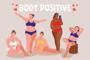 jag kärlek min kropp. kropp positiv, plus storlek flicka, övervikt kvinna stretching. för fett godkännande rörelse, kurvig flicka i badkläder, badning kostymer. vektor illustration.
