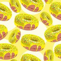 Vektor Donuts mit Gelb Schokolade oder Glasur. nahtlos Muster. Krapfen Symbole. Süss Nachspeisen. schnell Lebensmittel. Essen Objekte Symbole isoliert. glasiert runden Kuchen. drucken, Textil, Stoff, Verpackung Papier. Muster