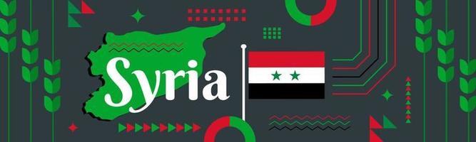 Syrien National Tag Banner mit Karte, Rot, Weiss, Schwarz Grün Flagge Farbe Thema Hintergrund und abstrakt geometrisch Design. syrisch Unabhängigkeit Tag Thema. schwarz Hintergrund Vektor Illustration