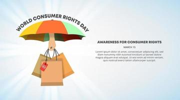 värld konsument rättigheter dag bakgrund med hand innehav handla väska och paraply vektor