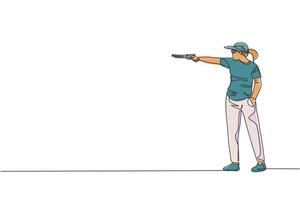 einzelne fortlaufende Linienzeichnung einer jungen Sportlerin, die eine Waffe hält und trainiert, um taktisches Zielschießen zu erreichen. Schießsport-Trainingskonzept. trendige einzeilige zeichnen design-vektorillustration vektor