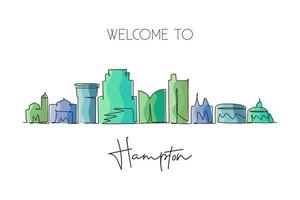 en enda radritning hampton city skyline, virginia. världshistoriskt stadslandskap. bästa semestermål vykortstryck. redigerbar stroke trendig kontinuerlig linje rita design vektor illustration