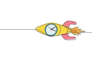 Einzelzeichnung einer schnell fliegenden Rakete mit analoger Uhr im Objekt. Business Time Disziplin Metapher Konzept. moderne durchgehende Linie zeichnen Design-Grafik-Vektor-Illustration vektor