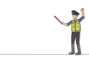 Eine einzelne Strichzeichnung eines Polizisten in voller Uniform und mit einem kurzen Stock steuert das Fahrzeug auf einer stark befahrenen Autobahn. ein Leben in der Stadt. durchgehende Linie zeichnen Design-Grafik-Vektor-Illustration vektor
