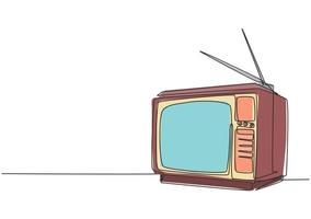 en kontinuerlig ritning av retro gammaldags tv med träfodral och intern antenn. klassisk vintage analog tv -koncept enkel linje rita design vektor grafisk illustration