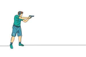 enda kontinuerlig linjeritning av ung idrottsman man shooter håller pistol och träning för att sikta mål taktiskt skytte. skytte sport träning koncept. trendiga en rad rita design vektorillustration vektor