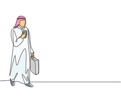 enda kontinuerlig linjeteckning av ung manlig muslimsk arbetare som tittar på smartphone -skärmen för att övervaka jobbet. arabisk Mellanöstern tyg shmagh, kandura, tina, mantel. en linje rita design vektor illustration