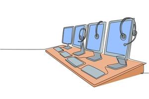 eine durchgehende Strichzeichnung von Kundendienstgeräten, Computer, Kopfhörer, Monitor, Tastatur und Maus. Call-Center-Service ausgezeichnetes Konzept Single Line Draw Design Vector Illustration