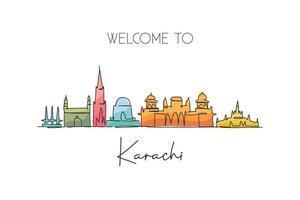 en enda linjeteckning av Karachis stadssilhuett, Pakistan. historiska stadslandskapet i världen. bästa semesterdestinationsvykortet. redigerbara stroke trendiga kontinuerlig linje rita design vektorillustration vektor