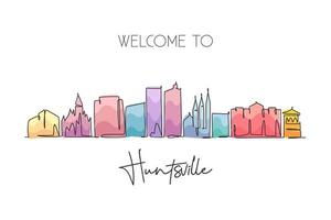 en kontinuerlig linje ritning av huntsville city skyline, alabama. vackert landmärke. världen landskap turism resa vägg dekor affisch, vykort. snygg enkel linje rita design vektor illustration