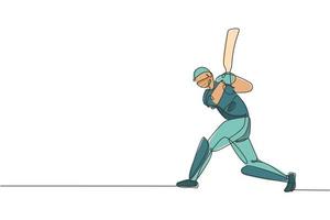 en enda linjeteckning av ung energisk man cricketspelare som står och slår bollen vektorillustration. sport mässa koncept. modern kontinuerlig linje ritning design för cricket konkurrens banner vektor