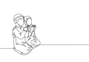 einer kontinuierlich Linie Zeichnung von Muslim und muslimah beten Solmen zu Gott. islamisch heilig Tag Ramadan kareem und eid Mubarak Gruß Karte Konzept Single Linie zeichnen Design Vektor Illustration