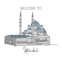 eine einzige Linie, die das neue Wahrzeichen der Moschee zeichnet. weltberühmtes ikonisches stadtbild in istanbul türkei. tourismusreisepostkartenwanddekorplakatkonzept. moderne durchgehende Linie zeichnen Design-Vektor-Illustration vektor