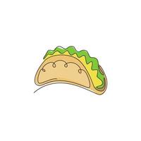 enda kontinuerlig linjeteckning av stiliserade mexikanska tacos logotypetikett. emblem snabbmat nacho restaurang koncept. modern en rad ritning design vektorillustration för café, butik eller mat leveransservice vektor