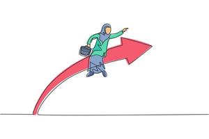 Kontinuierliche Zeichnung einer jungen arabischen Arbeiterin, die auf einem Pfeilsymbol sitzt und fliegt. Erfolg Business Manager minimalistisches Konzept. trendige Single-Line-Draw-Design-Vektorgrafik-Illustration vektor