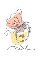 eine einzige Strichzeichnungsfrau mit Schmetterlingslinie Kunstvektorillustration. weibliche abstrakte Gesicht Schmetterlingsflügel Porträt minimalistische Mode-Stil-Konzept. modernes Grafikdesign mit durchgehender Linie vektor