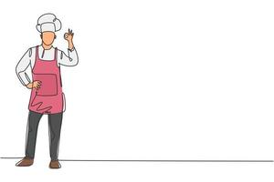enda en rad ritning kock står med gest okej och bära matlagning uniform förbereder ingredienser för att laga de bästa rätterna. framgångsarbete. modern kontinuerlig linje rita design grafisk vektor illustration