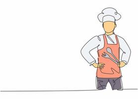 Kontinuierliche einzeilige Zeichnung eines jungen männlichen Kochs, der vor dem Kochen Löffel und Gabel posiert und hält. professioneller Job Beruf minimalistisches Konzept. Einzeilige Zeichnung Design Vektorgrafik Illustration vektor
