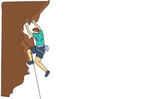 eine durchgehende Strichzeichnung eines jungen tapferen Bergsteigers, der mit einem Sicherheitsseil einen überhängenden Felsenberg übt. gefährliches extremsportkonzept. dynamische einzeilige Zeichnungsdesign-Vektorillustration vektor