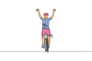 eine durchgehende Strichzeichnung eines jungen sportlichen Radrennfahrers, der die Ziellinie überquert und seine Hände hochhebt. Rennradfahrer-Konzept. einzeilige Zeichnungsdesign-Vektorillustration für das Plakat des Radsportwettbewerbs vektor