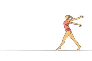 ett enda linje teckning av ung skönhet gymnast flicka övning golv rytmisk gymnastiska på Gym vektor illustration. friska idrottare tonåring livsstil och sport begrepp. modern kontinuerlig linje dra design