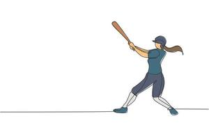 en enda linjeteckning av ung energisk kvinna baseballspelare övar att slå bollen vektorillustration. sport träning koncept. modern kontinuerlig linje ritning design för baseball turnering banner vektor