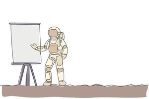 en enda rad ritning kosmonaut ger affärsstrategipresentation vid mötet grafisk vektorillustration. astronaut affärskontor med yttre rymden koncept. modern kontinuerlig linje rita design vektor