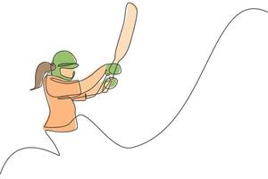 einzelne durchgehende Linienzeichnung einer jungen agilen Cricketspielerin, die sich darauf konzentriert, die Ballvektorillustration zu treffen. Sportübungskonzept. trendiges One-Line-Draw-Design für Cricket-Werbemedien vektor