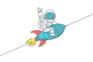 Eine einzige Strichzeichnung eines Astronauten im Raumanzug, der schwebt und den Weltraum entdeckt, während er auf einer Rakete-Raumschiff-Illustration sitzt. Erforschung des Weltraumkonzepts. modernes Design mit durchgehender Linienführung vektor