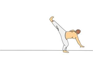 en enda linjeteckning av ung energisk man capoeira dansare utföra dans kamp grafisk vektorillustration. traditionell kampsport livsstil sport koncept. modern kontinuerlig linjeritningsdesign vektor