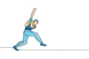 eine einzige linie, die einen jungen, energischen kricketspieler zeichnet, der den ball trifft, um eine grafische vektorillustration nach hause zu machen. Sportkonzept. modernes Design mit durchgehender Linie für Cricket-Wettkampfbanner vektor