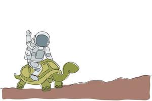 einzelne durchgehende Linienzeichnung des Kosmonauten mit Raumanzug, der Schildkröte reitet und Hand auf der Mondoberfläche winkt. Fantasy-Astronauten-Safari-Reisekonzept. trendige einzeilige design-vektorillustration vektor